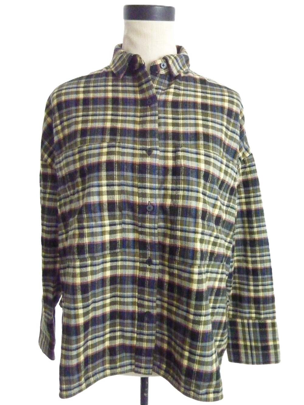 Everlane Boxy Flannel Button Down Shirt XXS Dark Plaid